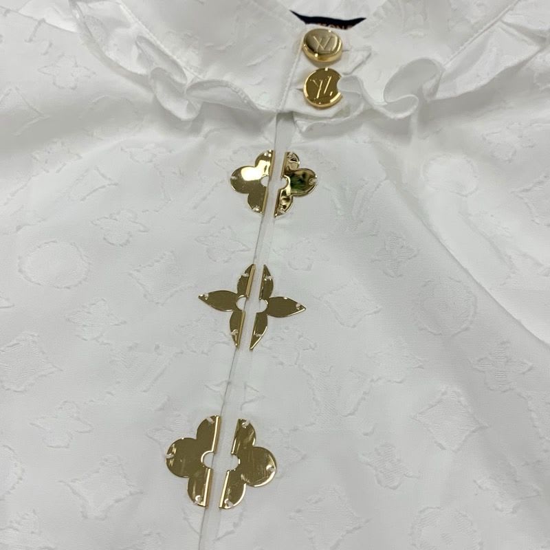 Louis Vuitton Top Cotton White Gold Shirt Blouse Monogram Short Sleeve