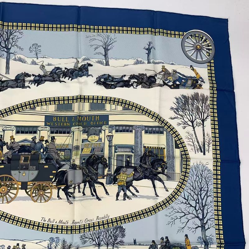 Hermes Carre 90 Postal Coach Lhiver EN Poste Scarf Silk Blue