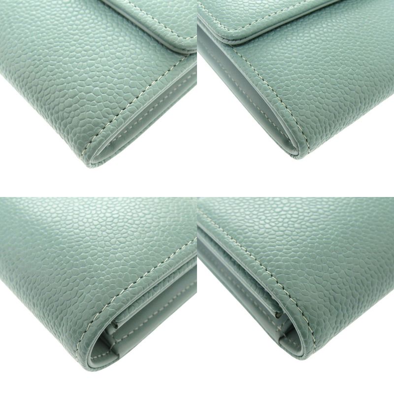 Chanel Coco Mark Caviar Skin No 18 Silver Hardware Mint Green Long Wallet 0330