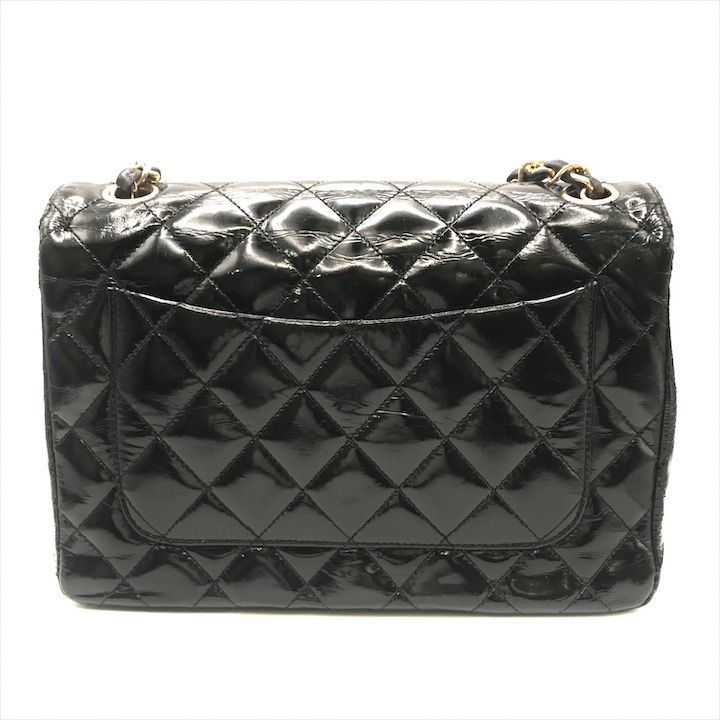 Chanel CC Logo Quilted Calf Enamel Full Flap Chain Shoulder Bag Black