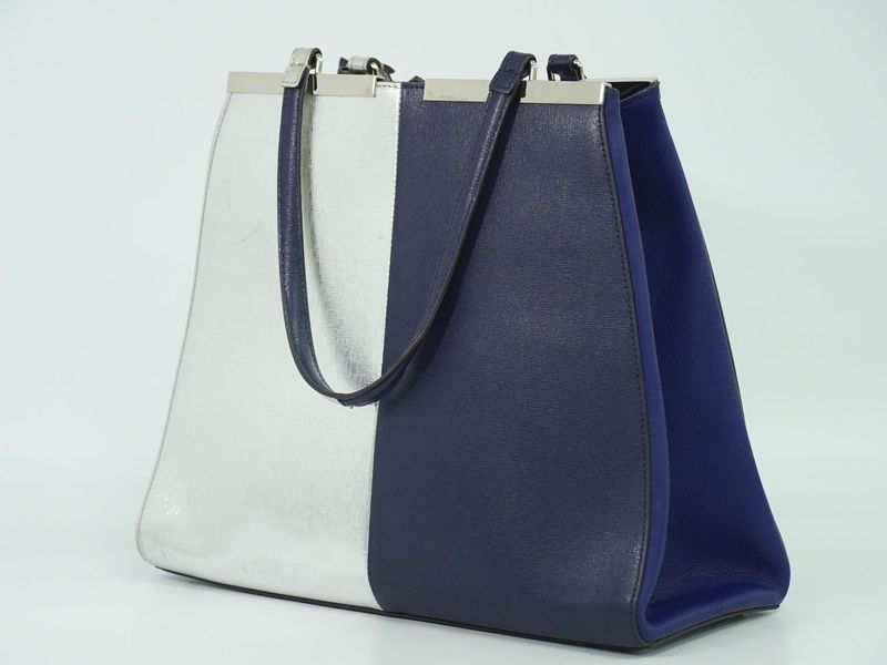 Authentic Fendi Trois Jour Bicolor Tote Handbag PVC Leather Navy Silver 8bh272