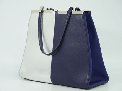 Authentic Fendi Trois Jour Bicolor Tote Handbag PVC Leather Navy Silver 8bh272