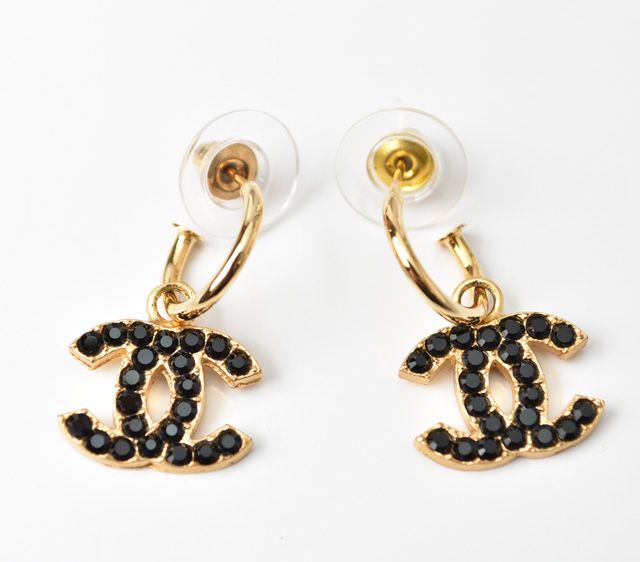 Chanel Earrings Chanel Logo CC Coco Mark Swing Rhinestone Black Gold 230913