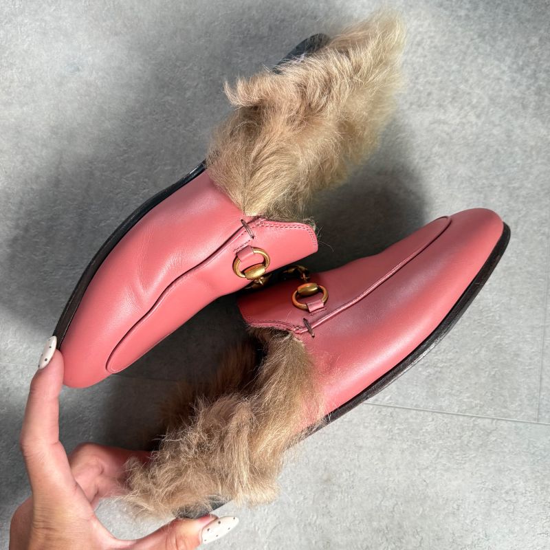 Gucci Prince Town Horsebit Loafer Sandal Fur Slip on Pink Gold Hardware Leather