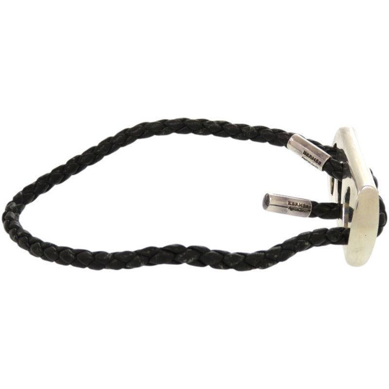 Hermes Leather Silver 925 Black Silver Hardware Black Bracelet 1124 Hermes