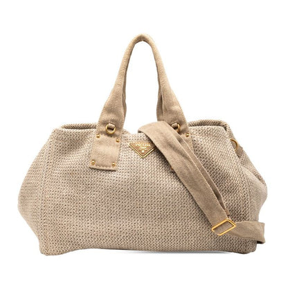 Prada Triangle Logo Plate Tote Shoulder Bag 2WAY Bn2038 Beige Linen Canvas