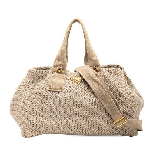 Prada Triangle Logo Plate Tote Shoulder Bag 2WAY Bn2038 Beige Linen Canvas