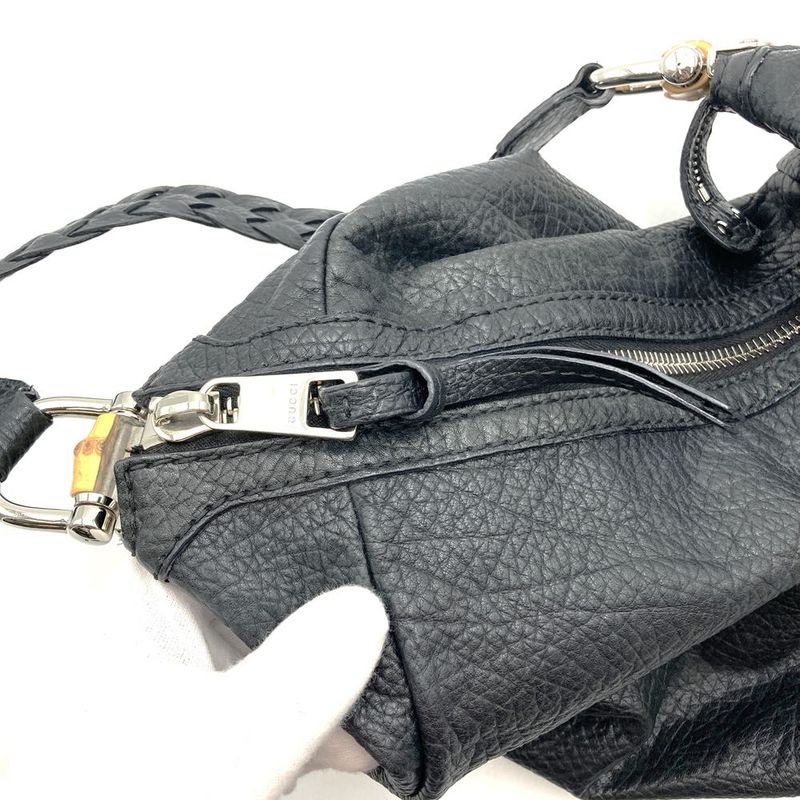 Gucci 257090 Handbag Shoulder Bag Bamboo Braided Handle Leather Black Women