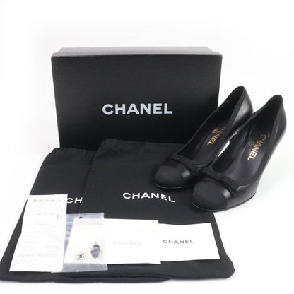 CHANEL 09A G26728y01590 Coco Mark Ribbon Satin Switch Leather Pumps Black 35.5
