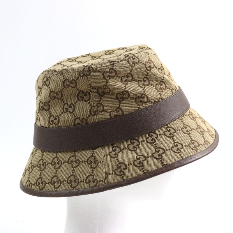 Gucci 576587 GG Canvas Fedora Hat GG Marmont Leather Trim Bucket Hat Beige
