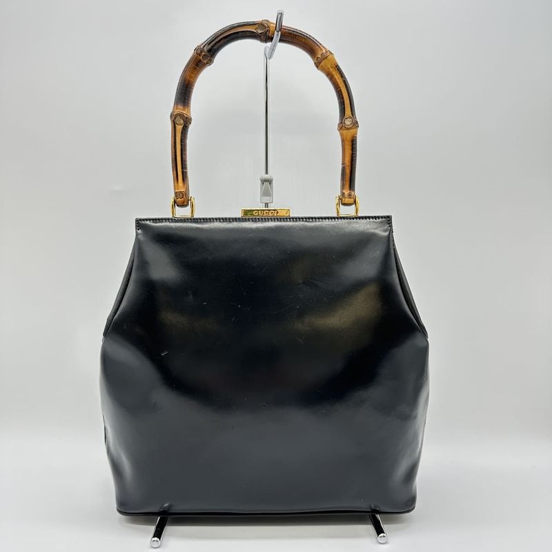 Gucci 000-781 Handbag Black Leather Bamboo Women Men Vintage Fashion  Gift