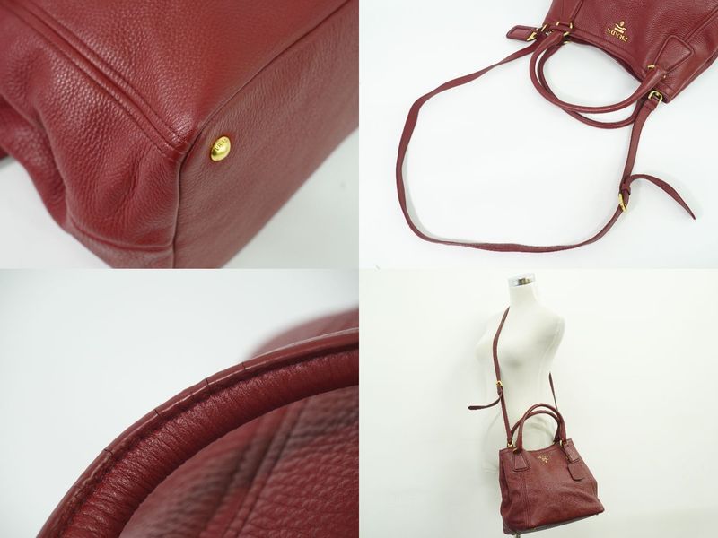 Authentic Prada Leather 2WAY Shoulder Bag Handbag Pochette Bordeaux Bag