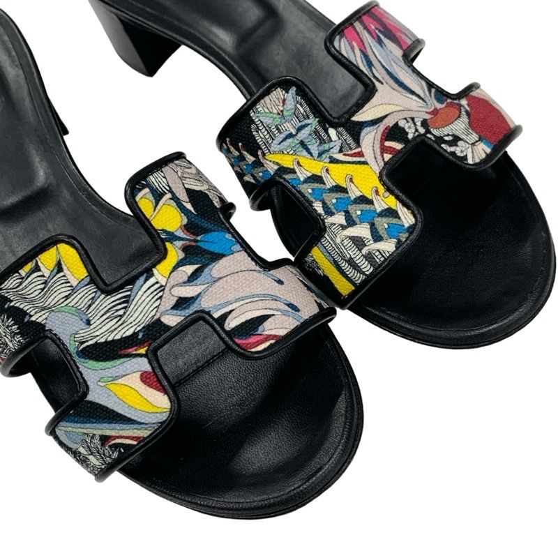 Hermes Oasis Sandals Shoes Leather Fabric Black Multicolor Mules