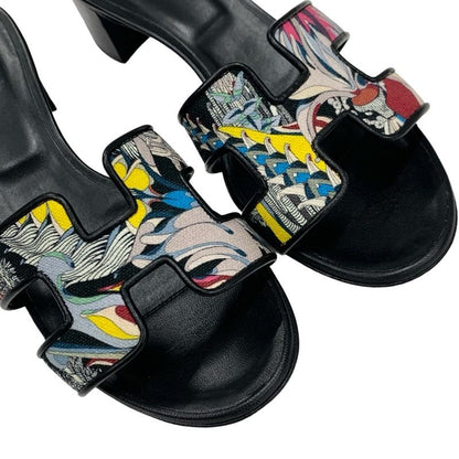 Hermes Oasis Sandals Shoes Leather Fabric Black Multicolor Mules