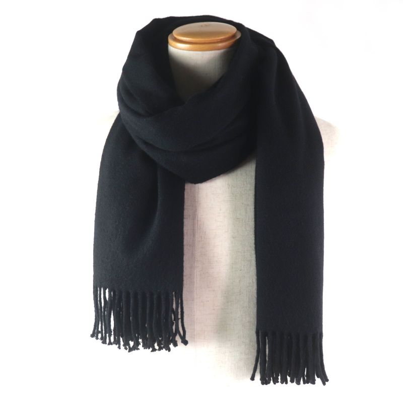 Hermes 100% Cashmere Logo Embroidery Fringed Large Shawl Scarf Black Made In