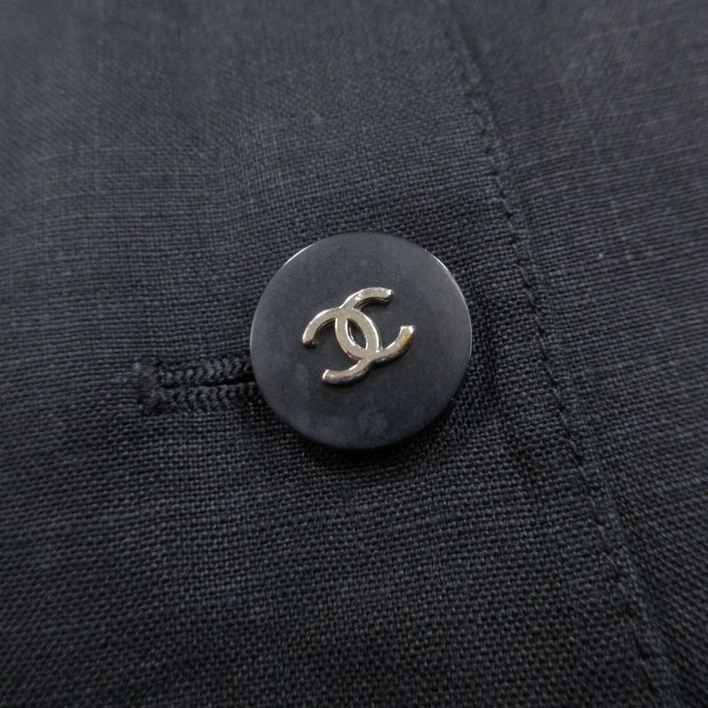Chanel Coco Button 96p Linen Tailored Jacket Peaked Lapel Size M Ladies Black