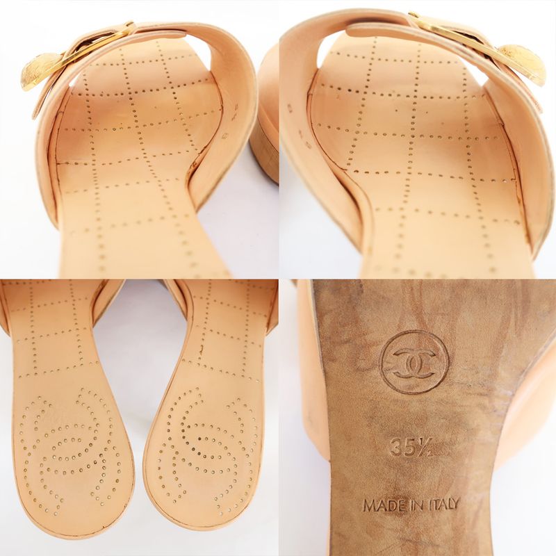 Chanel Sandals Mule Wood Button Coco Mark Pink Beige Size 35.5 22.5cm