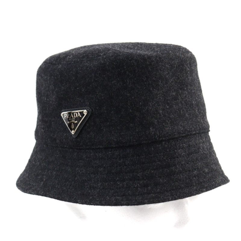 Prada 2hc137 100% Wool Triangle Plate Triangle Logo Bucket Hat Dark Gray M Made