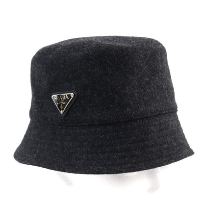 Prada 2hc137 100% Wool Triangle Plate Triangle Logo Bucket Hat Dark Gray M Made