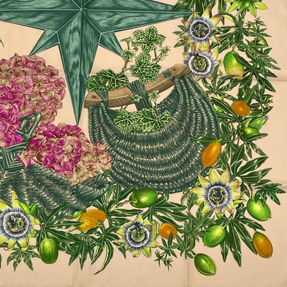 Hermes Carre 90 Passiflores Passion Flower Beige 100% Silk Scarf