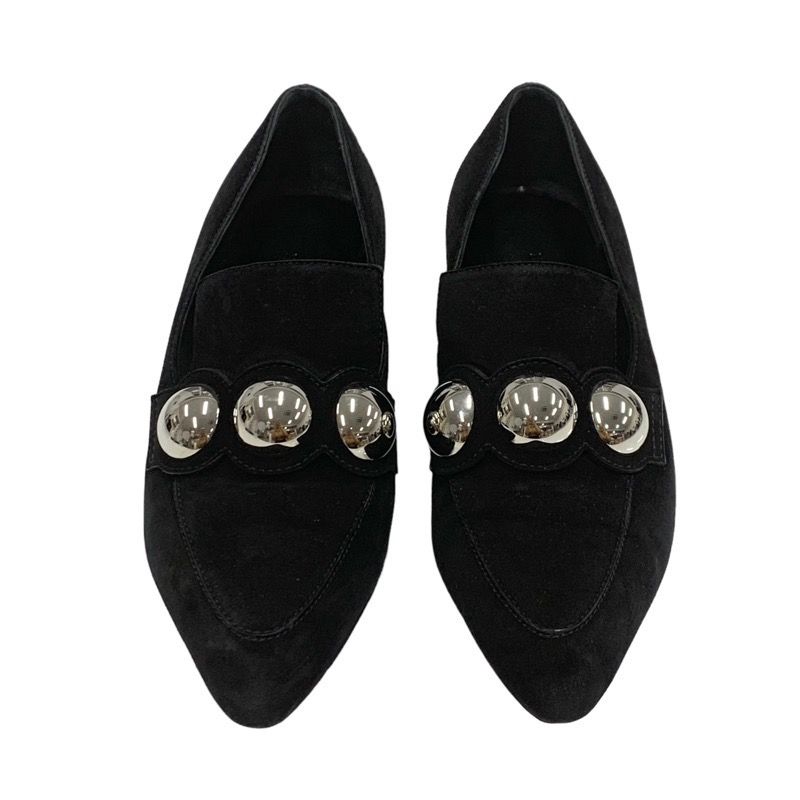 Hermes Loafers Leather Shoes Suede Black Silver Round Studs Flat Shoes