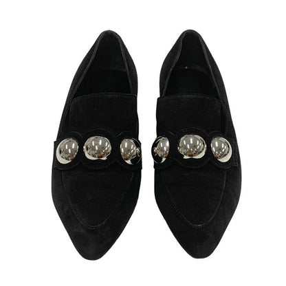 Hermes Loafers Leather Shoes Suede Black Silver Round Studs Flat Shoes