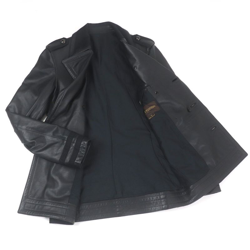 Louis Vuitton Double Breasted Leather Jacket Pea Coat Black 44 Made In France