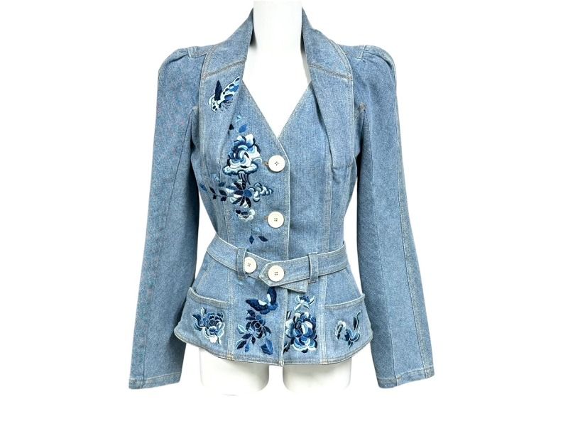 Dior Boutique Floral Butterfly Embroidery Jacket Denim Blue 36