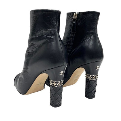 Chanel Boots Short Boots Shoes Leather Patent Black Silver Here Mark Chain