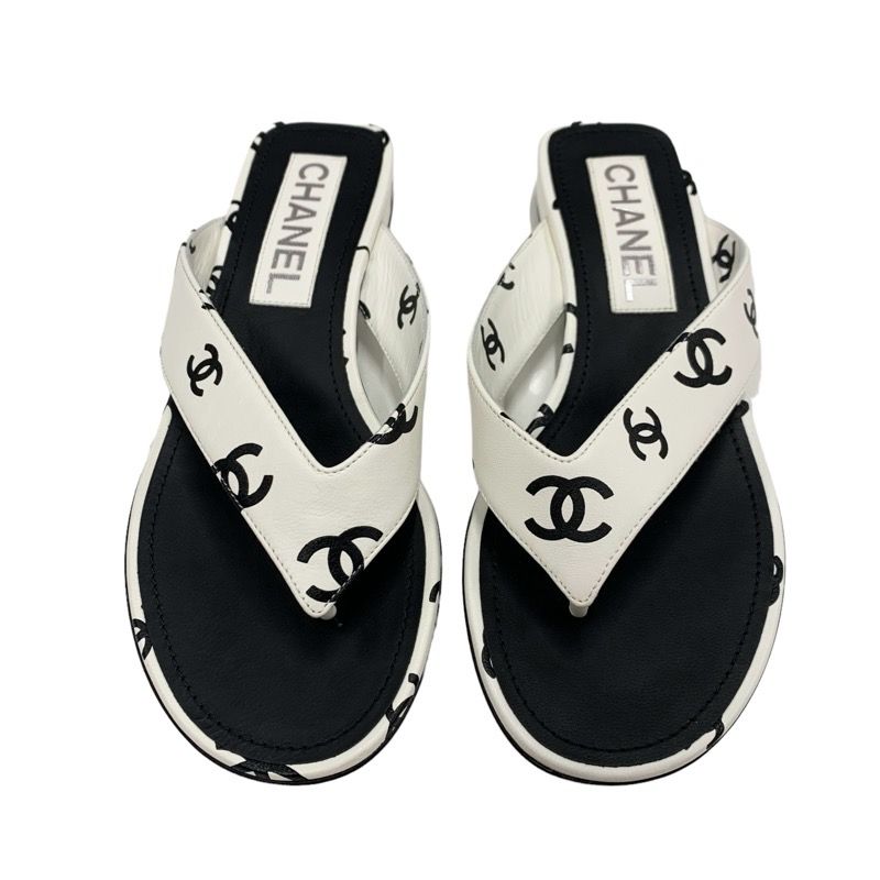 Chanel Sandals Shoes Leather White Black Thong Sandals Flat Sandals Heremark