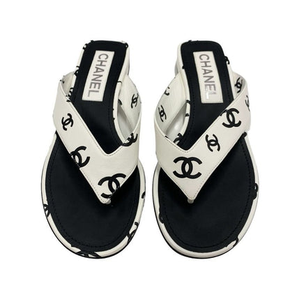 Chanel Sandals Shoes Leather White Black Thong Sandals Flat Sandals Heremark