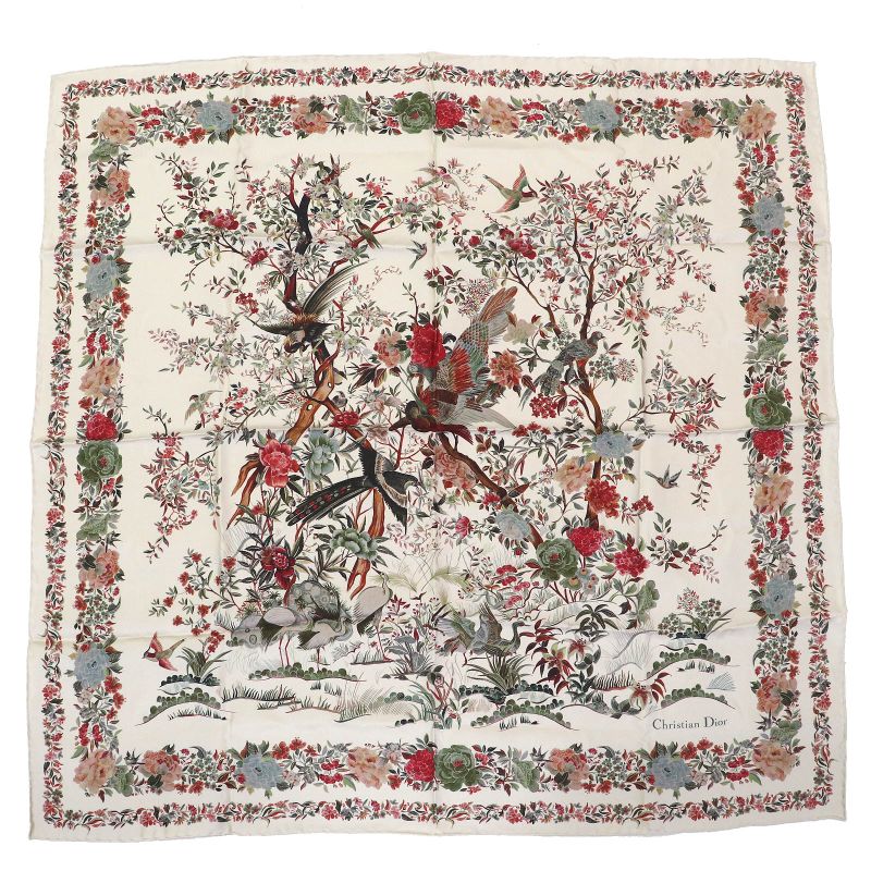 DIOR Jardin D'hiver 90 Square Scarf 100% Silk Beige Multicolor Made In Italy