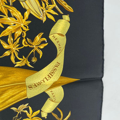 Hermes Carre 90 Passiflores Passion Flower Black 100% Silk Scarf