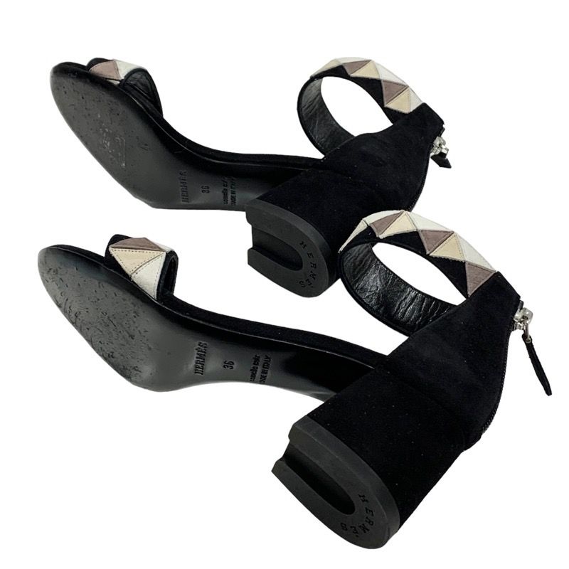 Hermes Sandals Shoes Suede Black Beige Ankle Strap