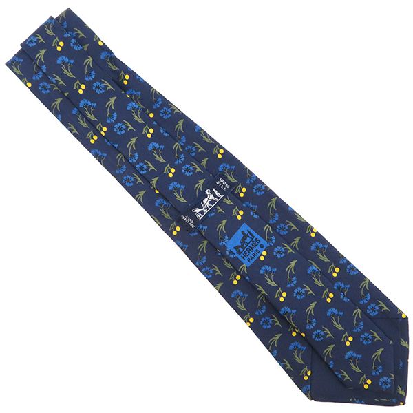 Hermes Tie Botanical Pattern 9cm (3.54in) Silk Navy and Multicolor Navy Blue