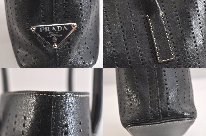 Prada Vintage Leather Hand Tote Bag Purse Black 3034n