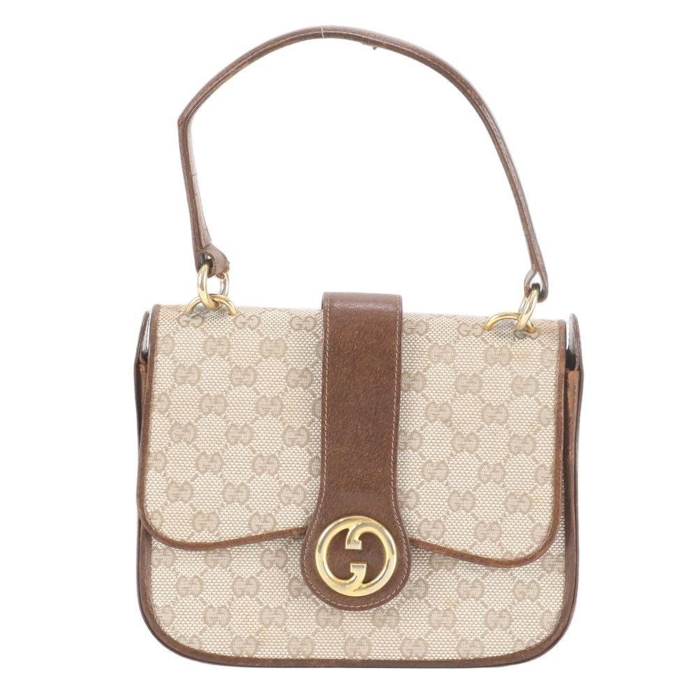Gucci Vintage GG Canvas Leather Handbag Tote Beige Brown Eie
