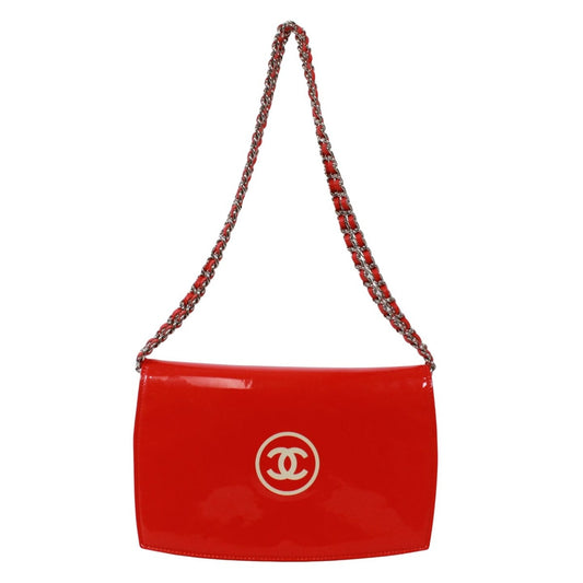 Chanel CC Logo Enamel Leather Red Chain Shoulder Bag Silver