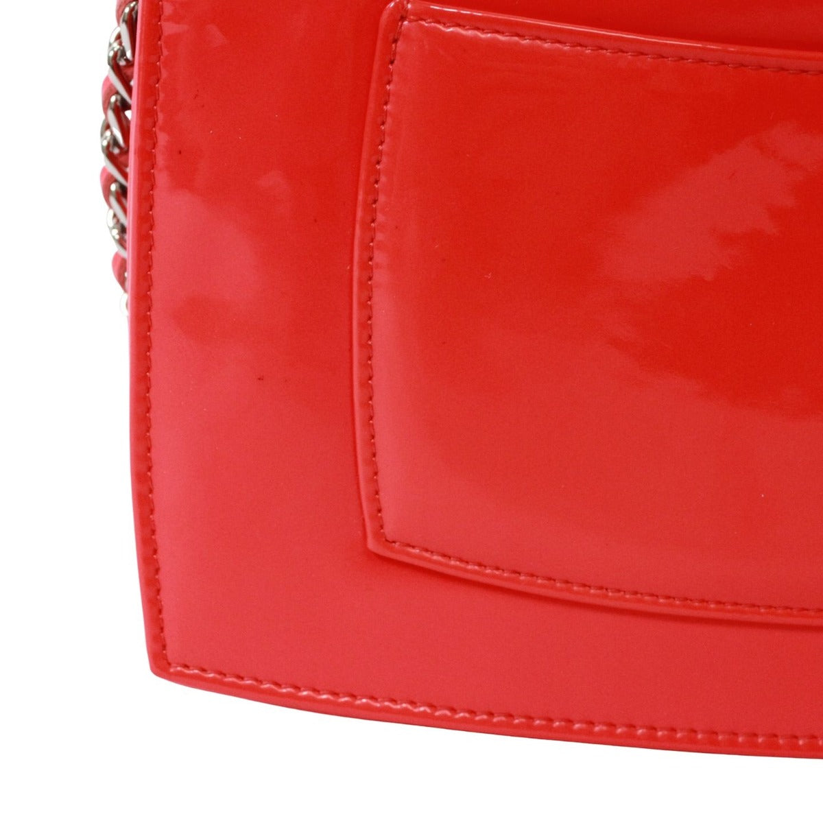 Chanel CC Logo Enamel Leather Red Chain Shoulder Bag Silver — view 14