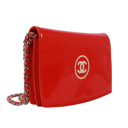 Chanel CC Logo Enamel Leather Red Chain Shoulder Bag Silver — view 2