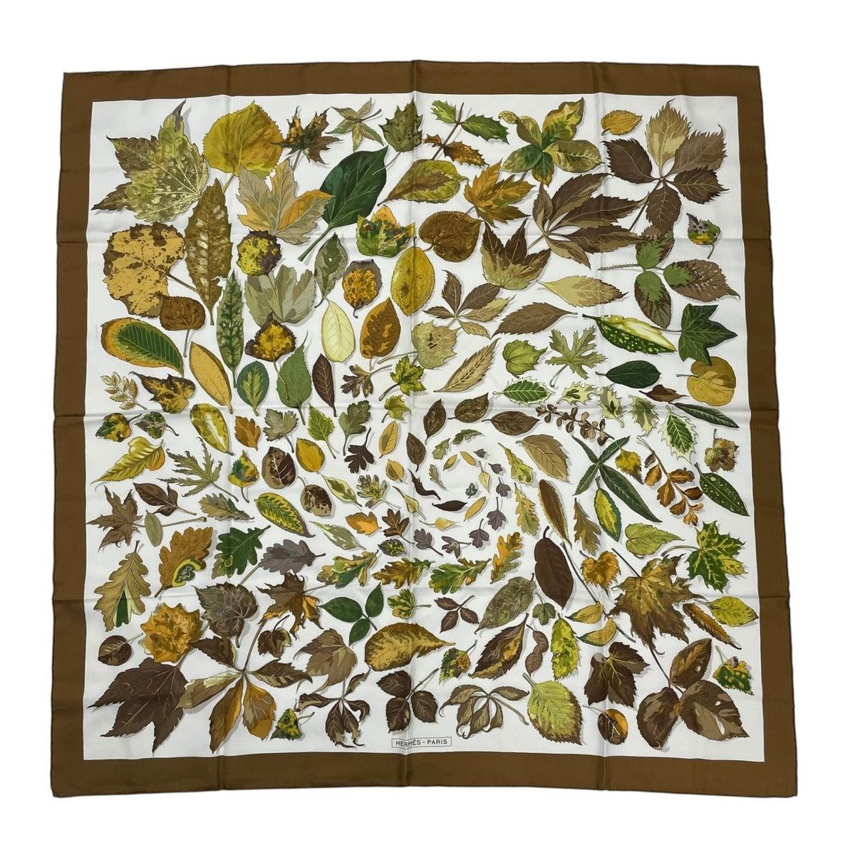 Hermes Carre 90 Tourbillon Fallen Leaves Swirl Scarf Silk Brown