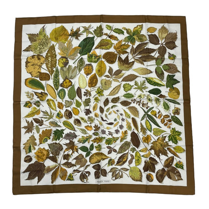 Hermes Carre 90 Tourbillon Fallen Leaves Swirl Scarf Silk Brown