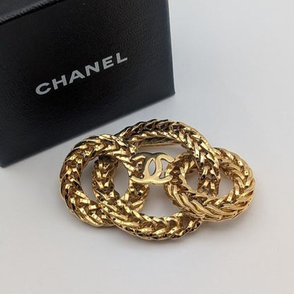 Chanel Brooch CC Logo Gold Ring 3 Rows Vintage