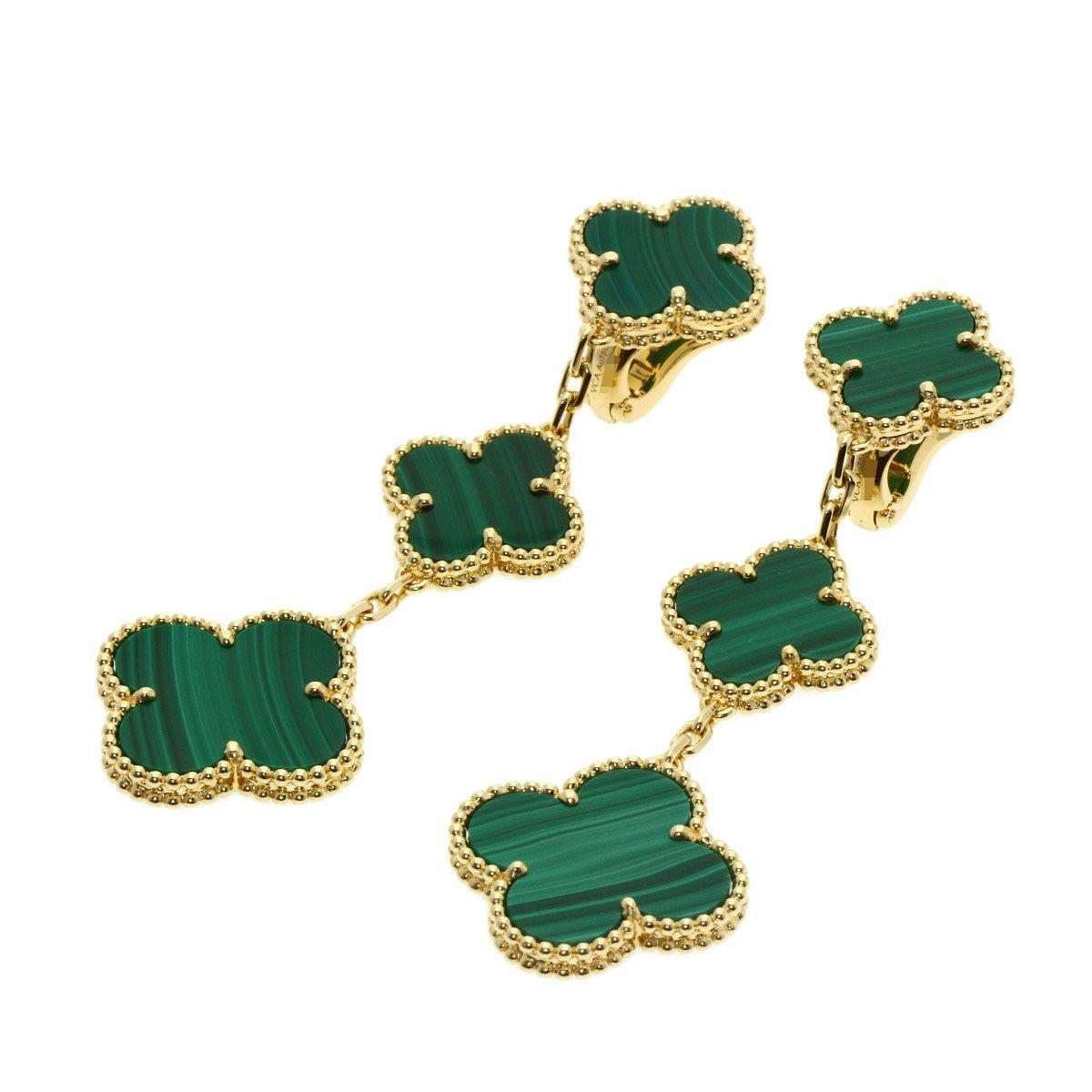 Van Cleef & Arpels Magic Alhambra 3 Motif Malachite Earrings 18K Yellow Gold