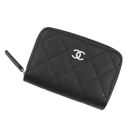Chanel Coin Case Quilted CC Logo Caviar Leather Wallet Black