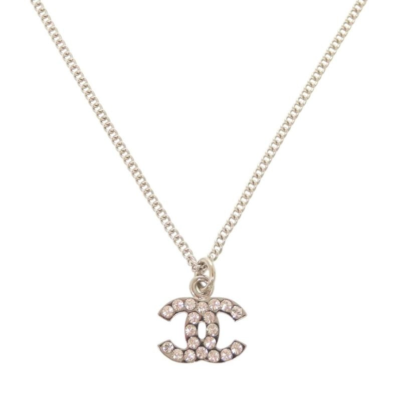 Chanel Coco Mark Metal Rhinestone Silver Necklace 0460