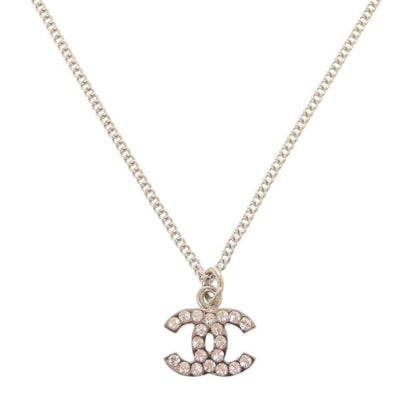 Chanel Coco Mark Metal Rhinestone Silver Necklace 0460