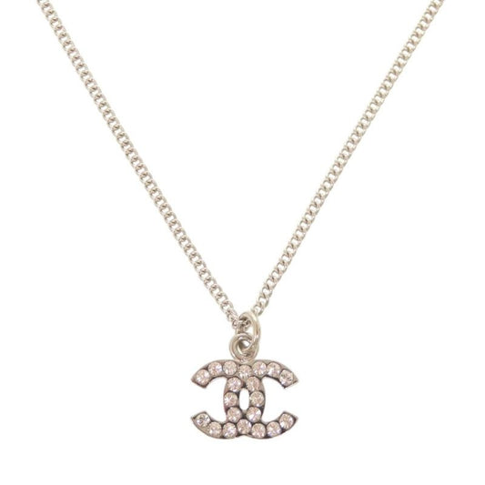 Chanel Coco Mark Metal Rhinestone Silver Necklace 0460
