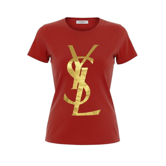 Saint Laurent Yves Rive Gauche Rib Short Sleeve Top Gold Logo S Orange Cotton
