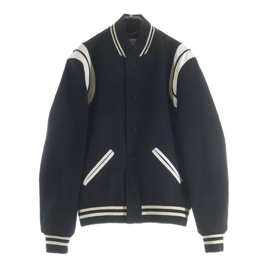 Saint Laurent Paris Teddy Jacket Leather Trim Wool Stadium Jumper Black
